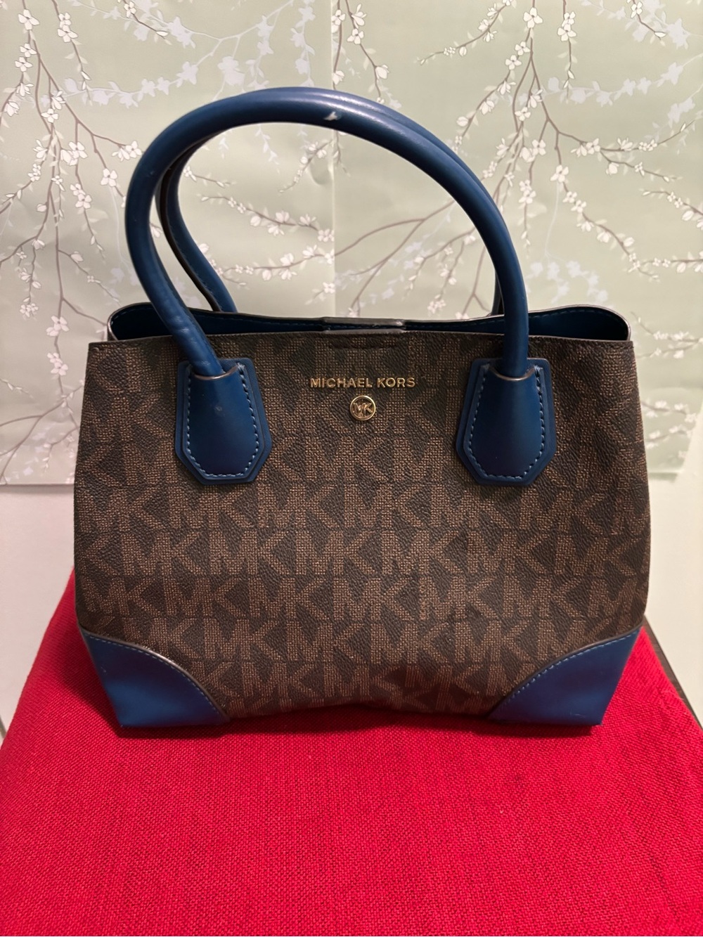 Michael Kors Brown Monogram Satchel with Blue Leather Trim